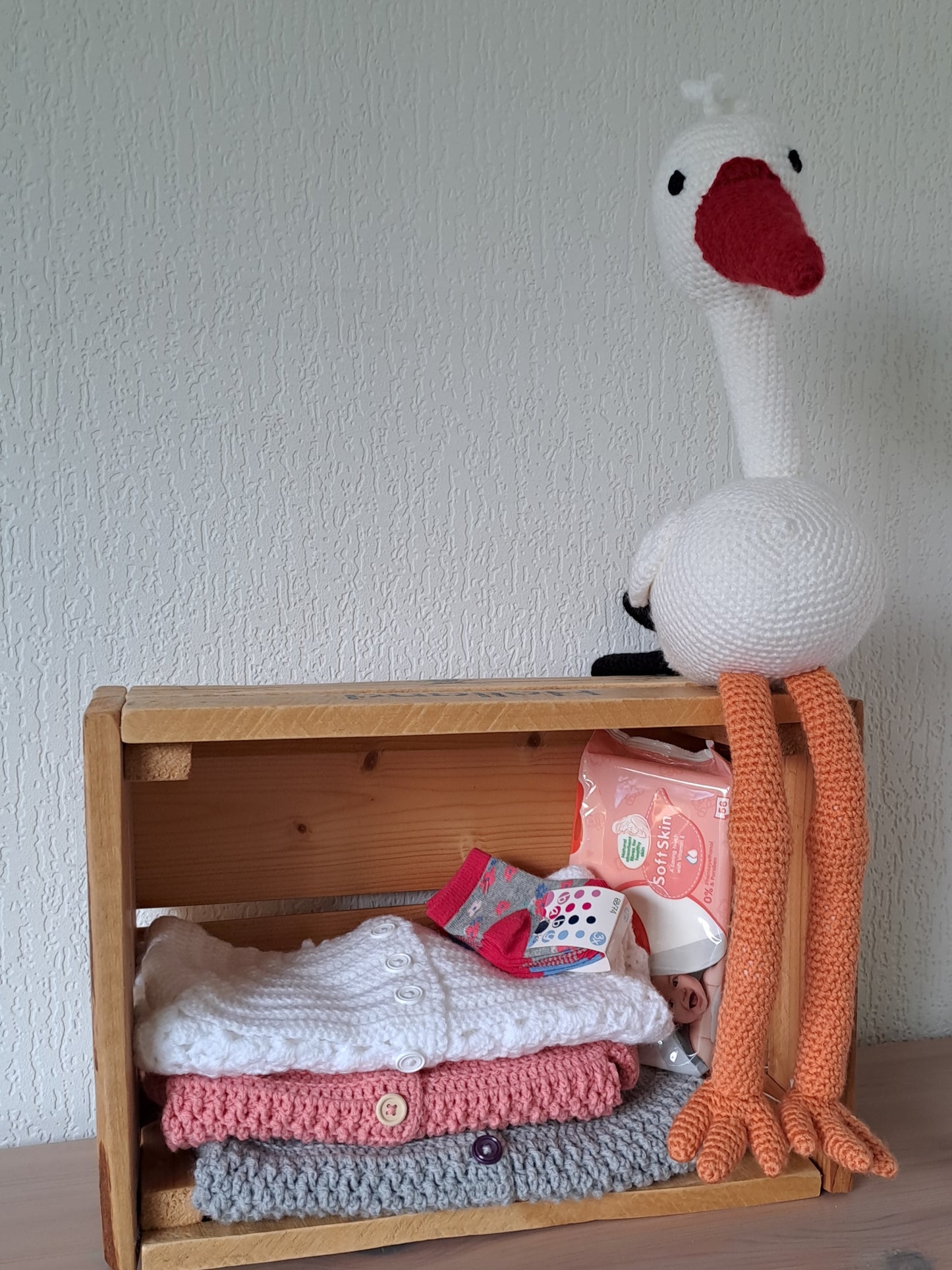 Ooievaar knuffel gehaakt