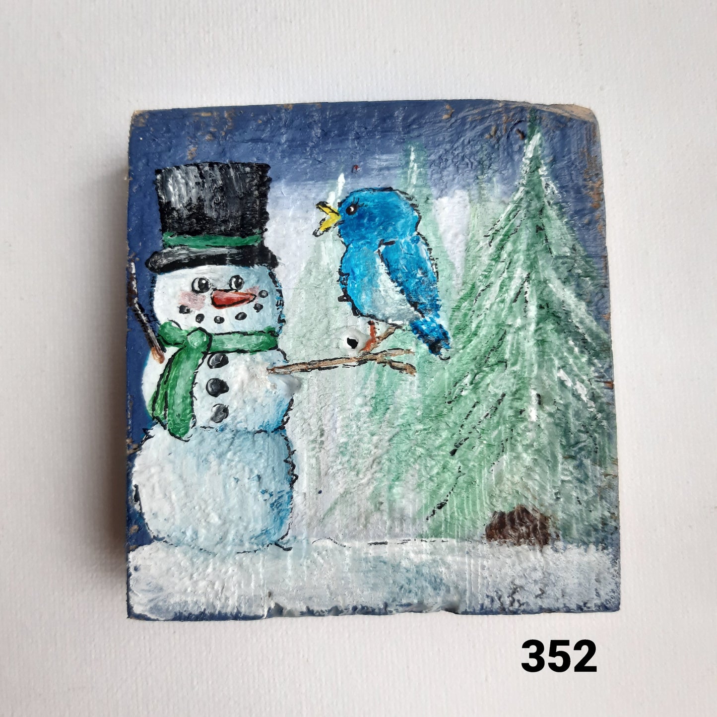 Vogel schilderijtje sneeuwpop