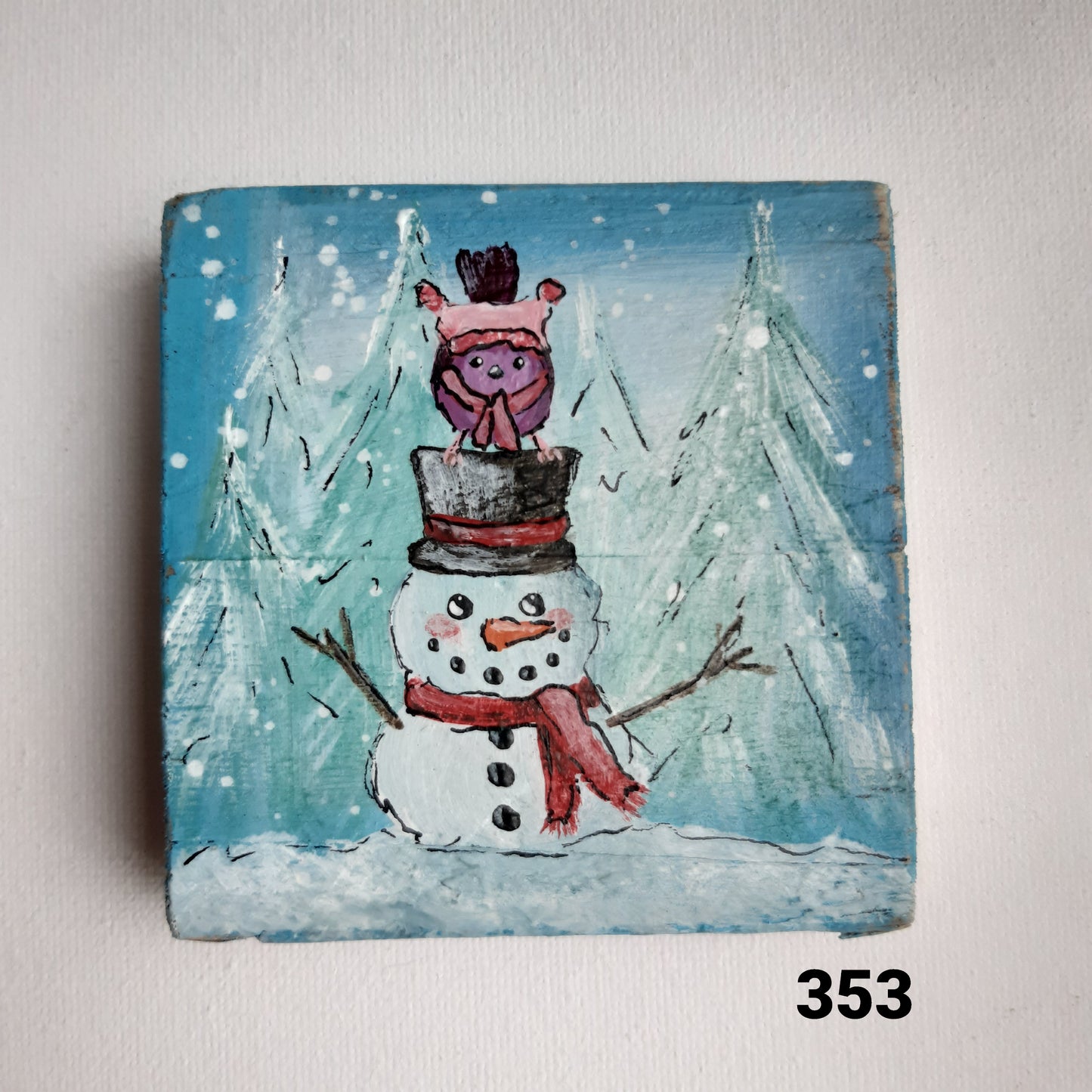 Vogel schilderijtje sneeuwpop