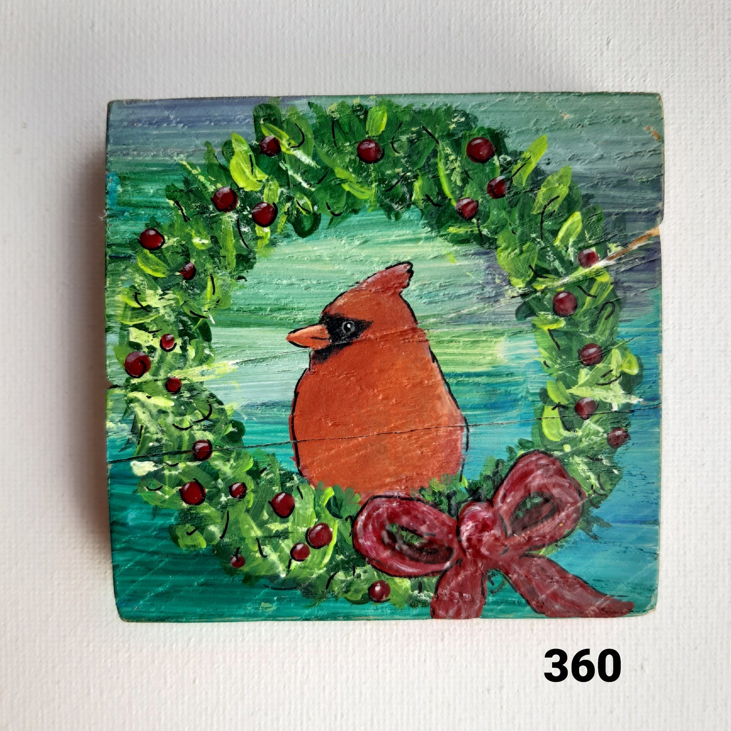 Vogel schilderijtje kardinaal kerstkrans