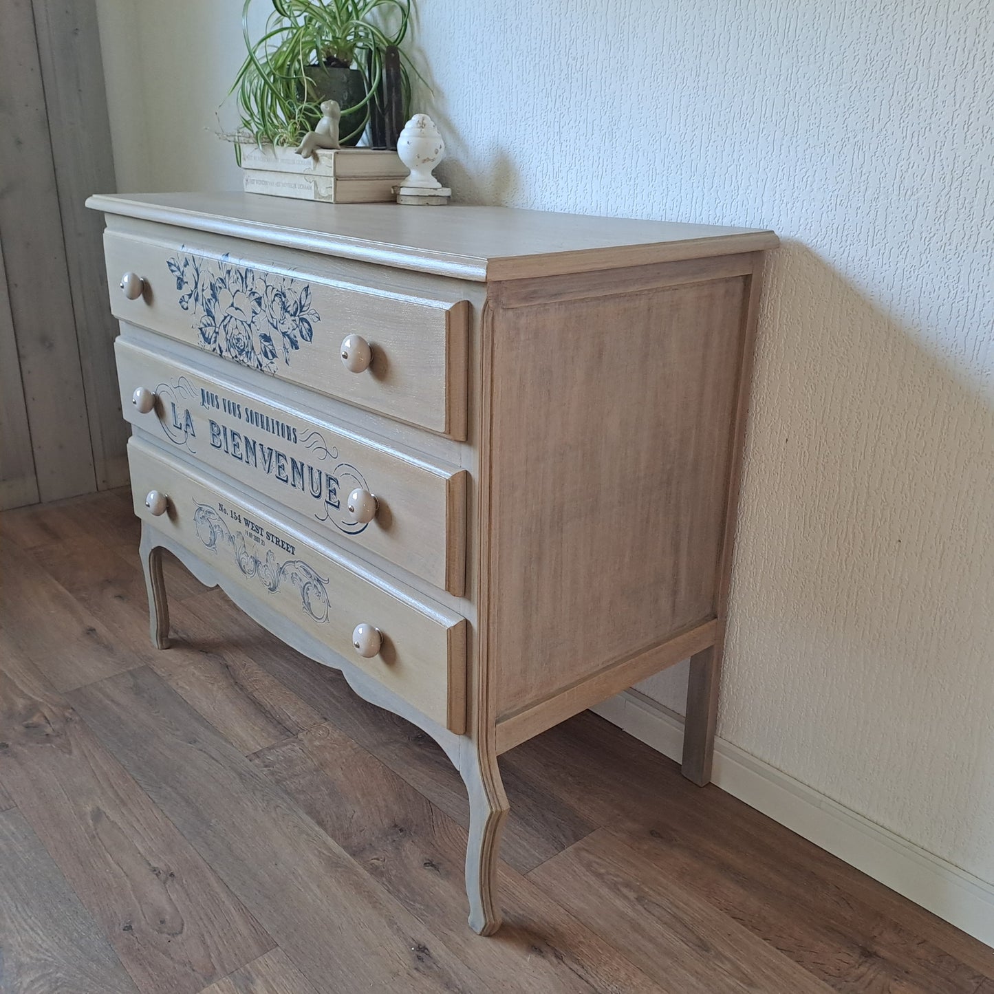 Ladekast vergrijsd met print - 3 lades