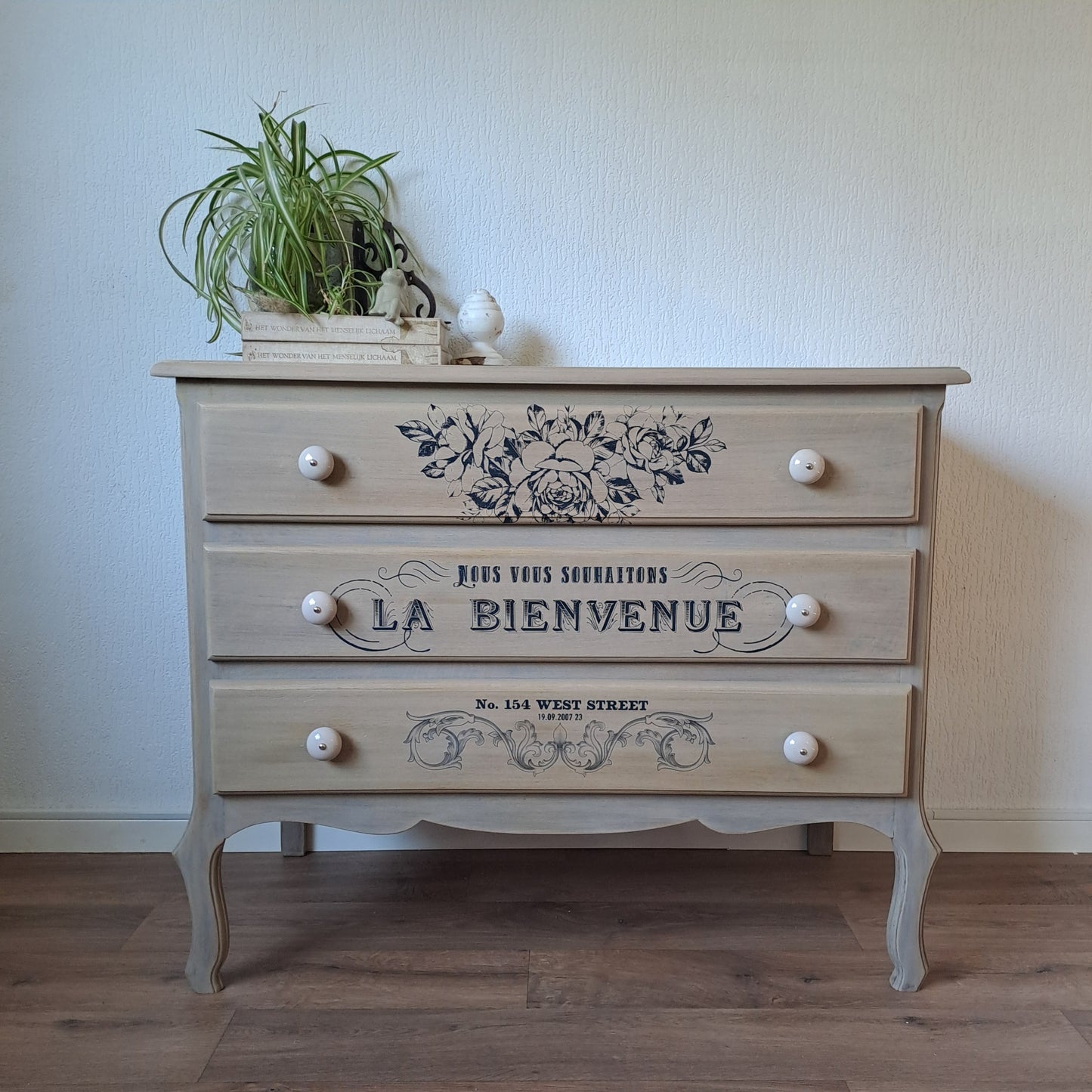 Ladekast vergrijsd met print - 3 lades